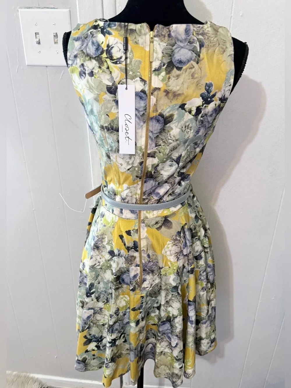 Yellow Floral Fit-and-Flare Mini Dress with Belt